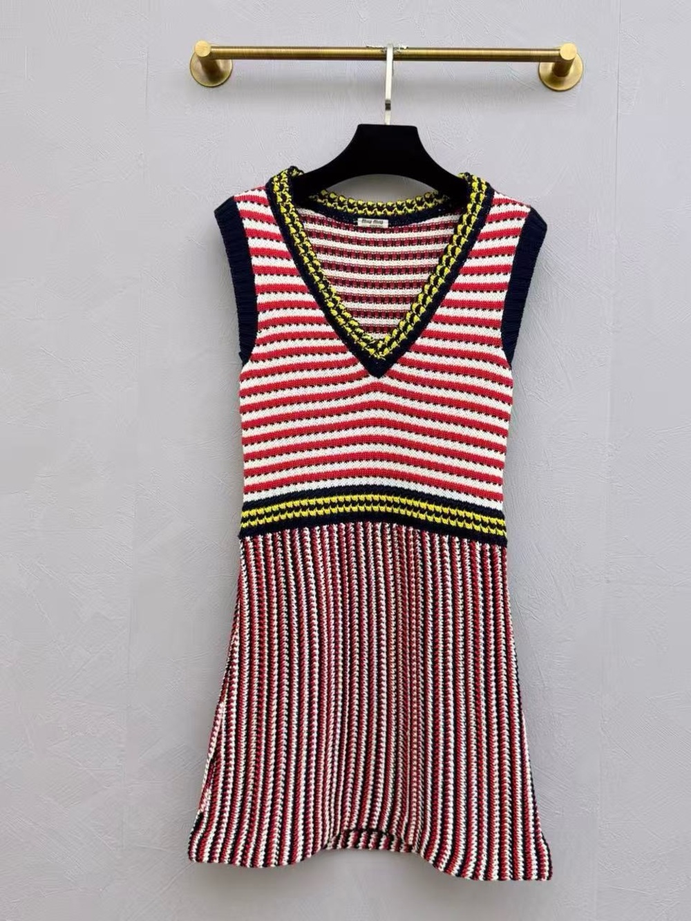 🚩steal Miu Miu Red, White & Navy Striped Crochet Top with Yellow Trim